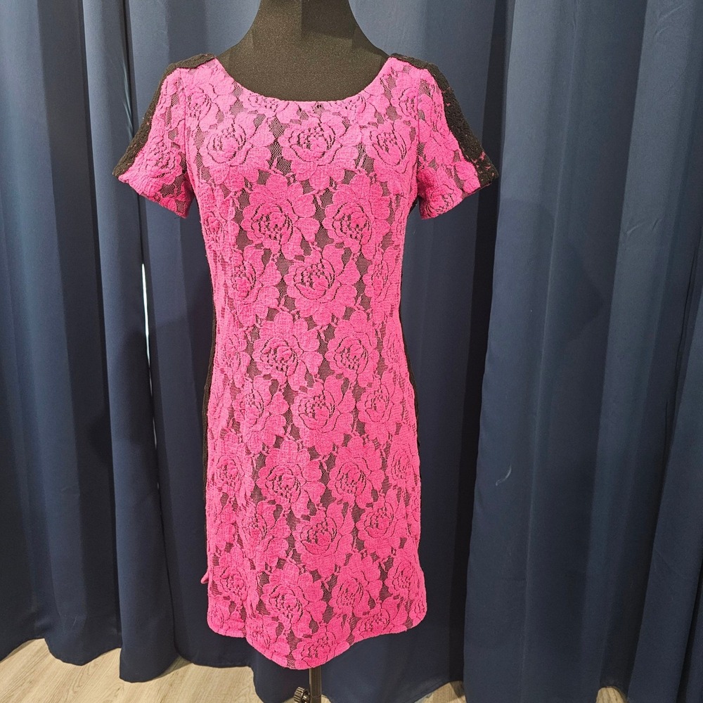 Plenty by Tracy Reese Pink Floral Lace Dress Black Trim Size 4 - Picture 3 of 6